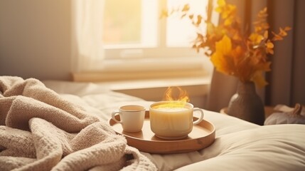 Still life details in home interior of living room. Sweaters and cup of tea with steam on a serving tray on a coffee table. Breakfast over sofa in morning sunlight. Cozy autumn or winter concept - Powered by Adobe