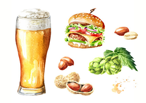 Glass of beer and snacks, Hand drawn watercolor illustration isolated on white background