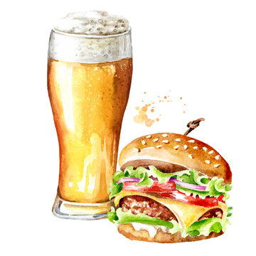 Glass of beer and tasty big burger, Hand drawn watercolor illustration isolated on white background