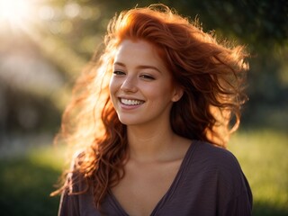 Closeup portrait of a beautiful, young, red-haired woman, her candid laughter radiating joy and a sense of vitality in a natural setting. 