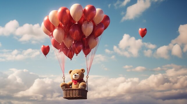 A teddy bear with heart-shaped balloons in a hot air balloon, "Love takes us higher."