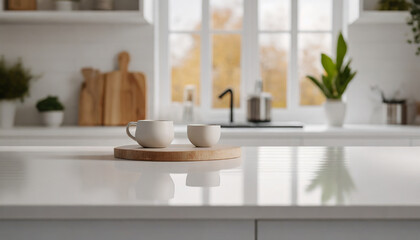 copy space for displaying your product on a white tabletop over a blurred modern white kitchen