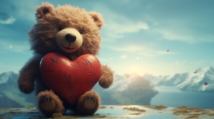 A teddy bear holding a heart-shaped planet, 