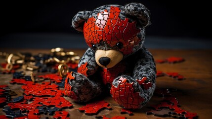 A teddy bear with a heart-shaped puzzle piece in a mosaic, 