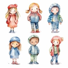 set Funny cute kids of watercolors on white background