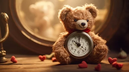 Fotobehang A teddy bear holding a heart-shaped clock, "Time stands still when I'm with you." © insta_shorts 