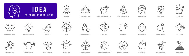 Creative idea line icon set. Brainstorming, lightbulb, brain, solution, innovation etc. Editable stroke - obrazy, fototapety, plakaty