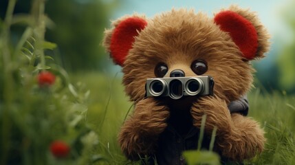 A teddy bear with a heart-shaped binoculars, "You're always on my horizon."