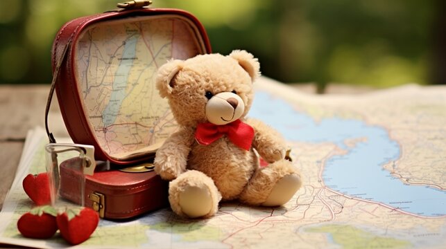 A teddy bear with a heart-shaped map, "Our journey of love."