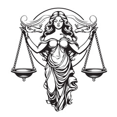 Themis statue holding scales . Symbol of justice and order contour clip art. Libra or law identity concept simple vector isolated on white background