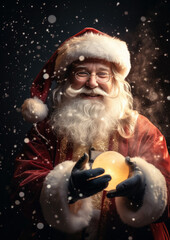 portrait of a cheerful Santa Claus, new year, christmas, symbol, eve, celebration, holiday, postcard, Saint Nicholas, face, eyes, beard, hat, red suit, snow, lights, magic, fairy tale, black, winter