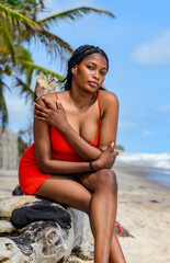 A portrait of a young african lady seated on a log relaxing on the beach front