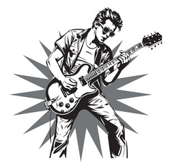 Male guitarist performing live on stage. Rock or Metal band. Music festival. Guy shredding electric guitar. Musical concert icon, sign or symbol. Young person party. Line art vector illustration.