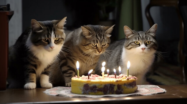 Many cat happy celebrates birthday party cake image AI generated art