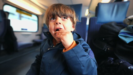 Caucasian boy seated in train relishing a butter biscuit, indulging in a cookie treat during his...