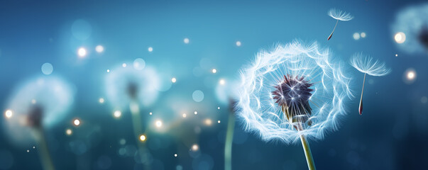 Banner of beauty white dandelion on a blue background - Powered by Adobe