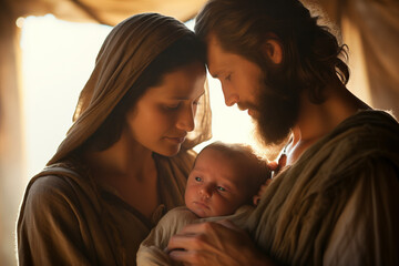 Christmas nativity portrait of Mary and Joseph with the baby Jesus in their arms