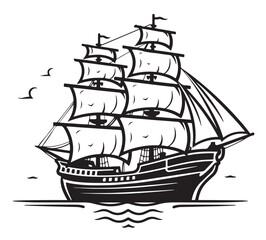Black and white sketch of sailing old ship ,hand drawn