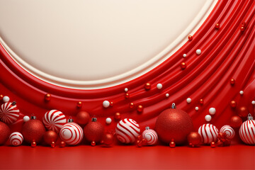 christmas decor on red background with candy canes, bows and baubles