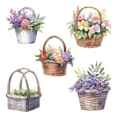 Fototapeta na wymiar set basket with bright bouquet of flowers of watercolors on white background