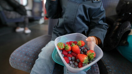 Child holding berries inside travel container eating healthy fruit snack while seated inside train traveling while munching on the go © Marco