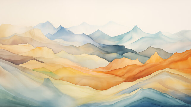 Ethereal watercolor painting depicting rolling hills in a dreamlike gradient, ranging from warm yellows to cool blues, creating a soft, tranquil mountain vista. High quality illustration.