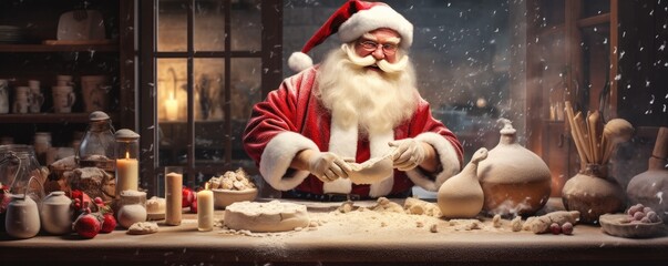 Santa Claus is baking gingerbread christmas cookies, panorama banner. Generative Ai.