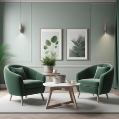 Home interior mock-up with green armchairs, table and decor in living room, 3d render
