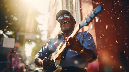 Fototapeta na wymiar An African-American elderly talented musician plays the electric guitar on a bright street of a southern city