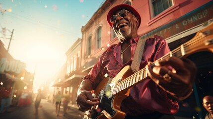 An African-American elderly talented musician plays the electric guitar on a bright street of a southern city