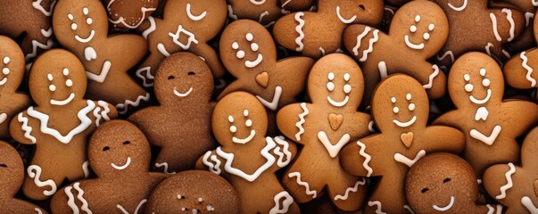 Obraz premium Top view of many gingerbread christmas cookies, baking panorama banner. Generative Ai.