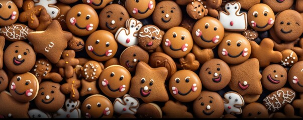 Obraz premium Top view of many gingerbread christmas cookies, baking panorama banner. Generative Ai.
