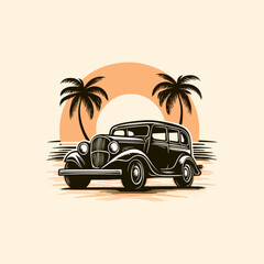 Artwork of retro t-shirt graphic design flat design of retro vintage car on beach white Miami pastel colorful shades. Ai Generated