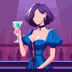 flat vector illustration of woman with cocktail in a bar