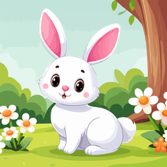 Vector cute cartoon rabbit or jackrabbit on spring lawn with green grass, bushes and flowers, Cartoon Vector Rabbit on Green Grass. Ai Generated
