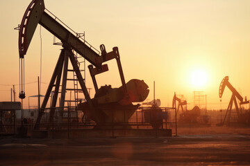 Extraction pumps in an oil field at dusk. Generative AI.