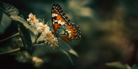 Obraz premium Butterfly drinking among colorful flowers. Generative AI.