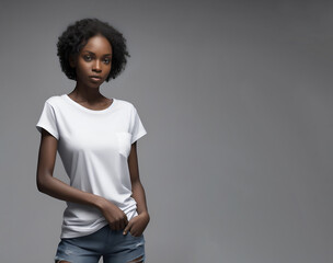 Young beautiful black woman with white mock up t shirt