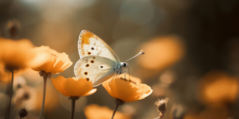 Butterfly drinking among colorful flowers. Generative AI.