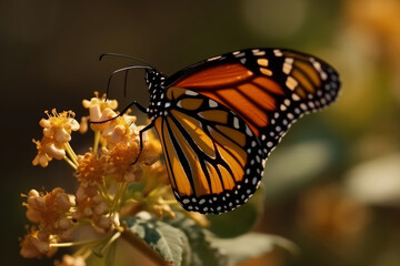 Fototapeta premium Butterfly drinking among colorful flowers. Generative AI.