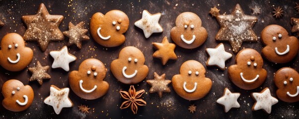 Top view of many gingerbread christmas cookies, baking panorama banner. Generative Ai.