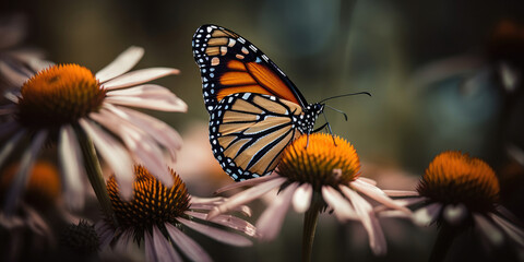 Butterfly drinking among colorful flowers. Generative AI. - obrazy, fototapety, plakaty