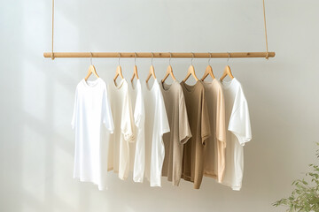 Simple elegant organic cotton t-shirts on hangers hanging on tree branch wood rack. Zero waste recycled material sustainability concept