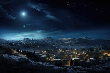 Christmas star over city of Bethlehem. Nativity story. Birth of Jesus Christ. Beautiful dark blue starry sky and bright star background