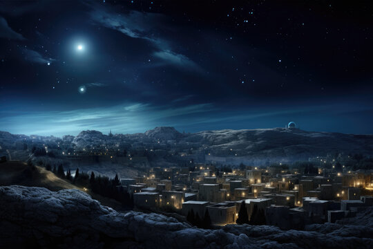 Christmas star over city of Bethlehem. Nativity story. Birth of Jesus Christ. Beautiful dark blue starry sky and bright star background