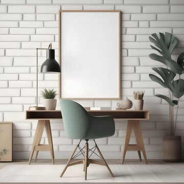 Mockup frame in home office interior background, mid-century modern style in loft, 3d render

