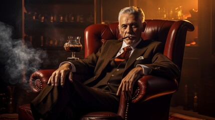 In Chair Sitting Senior Business Man With Cigar And Whisky