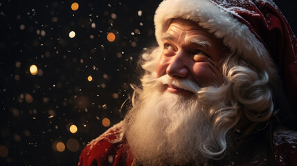 portrait of a cheerful Santa Claus, new year, christmas, symbol, eve, celebration, holiday, postcard, Saint Nicholas, face, eyes, beard, hat, red suit, snow, lights, magic, fairy tale, black, winter