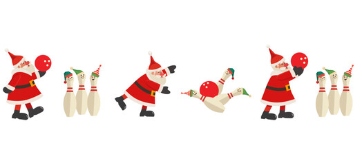 Santa Claus play bowling seamless border pattern. Comic Santa, bowling ball strike, funny pin, Elf hat cartoon design element illustration. Christmas festive party invitation frame background template