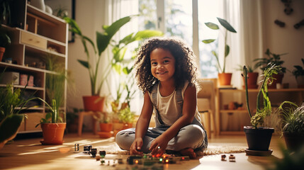 Cute African American child is playing in his child's room - obrazy, fototapety, plakaty